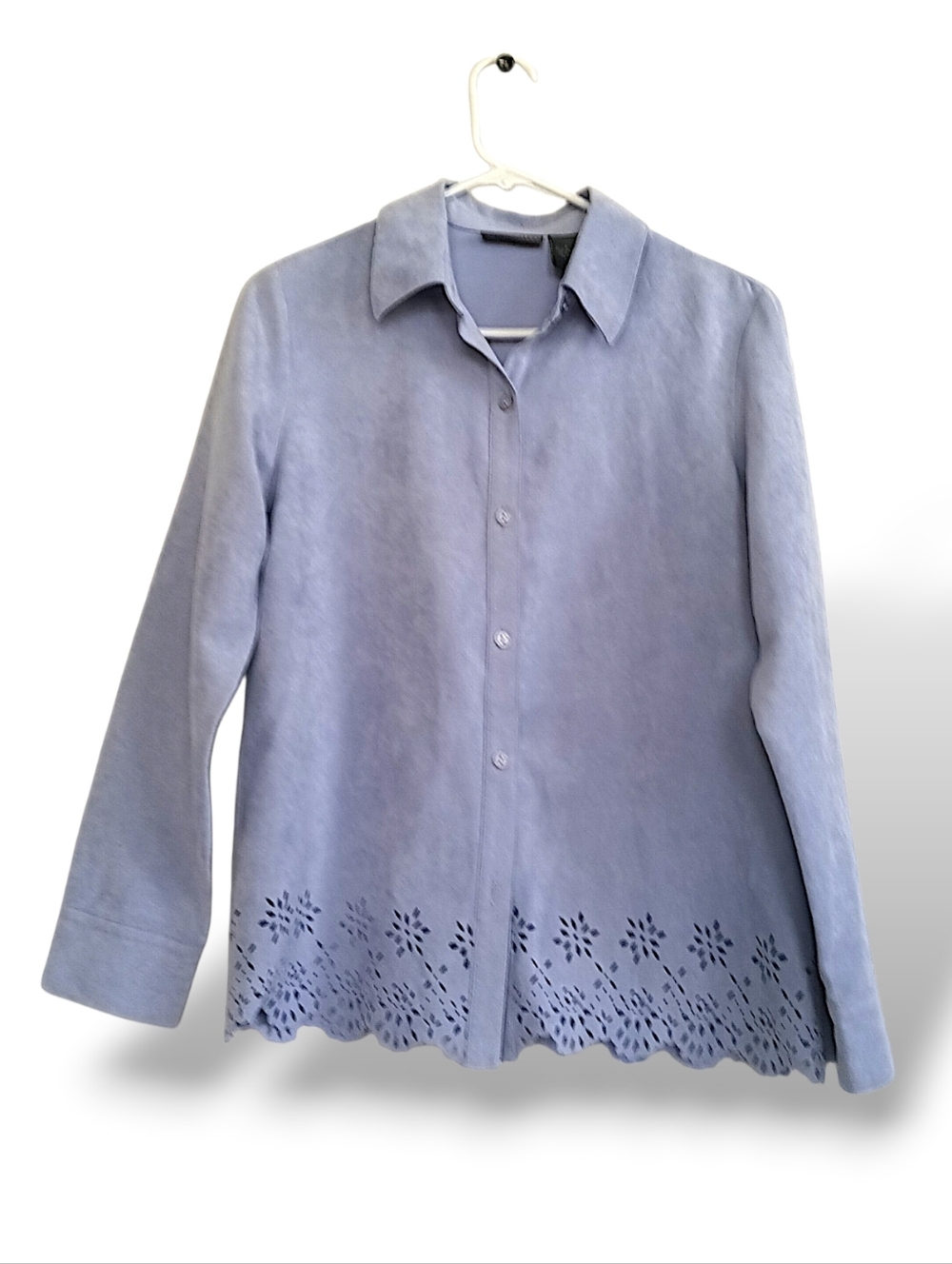 Relativity Purple Suede Button Down Shirt Large Laser Cut Hem